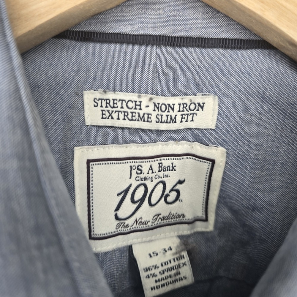 Jos A‎ Bank Dress Shirt Mens 15 34 Blue Button Stretch Non Iron Extreme Slim Fit - Picture 7 of 8